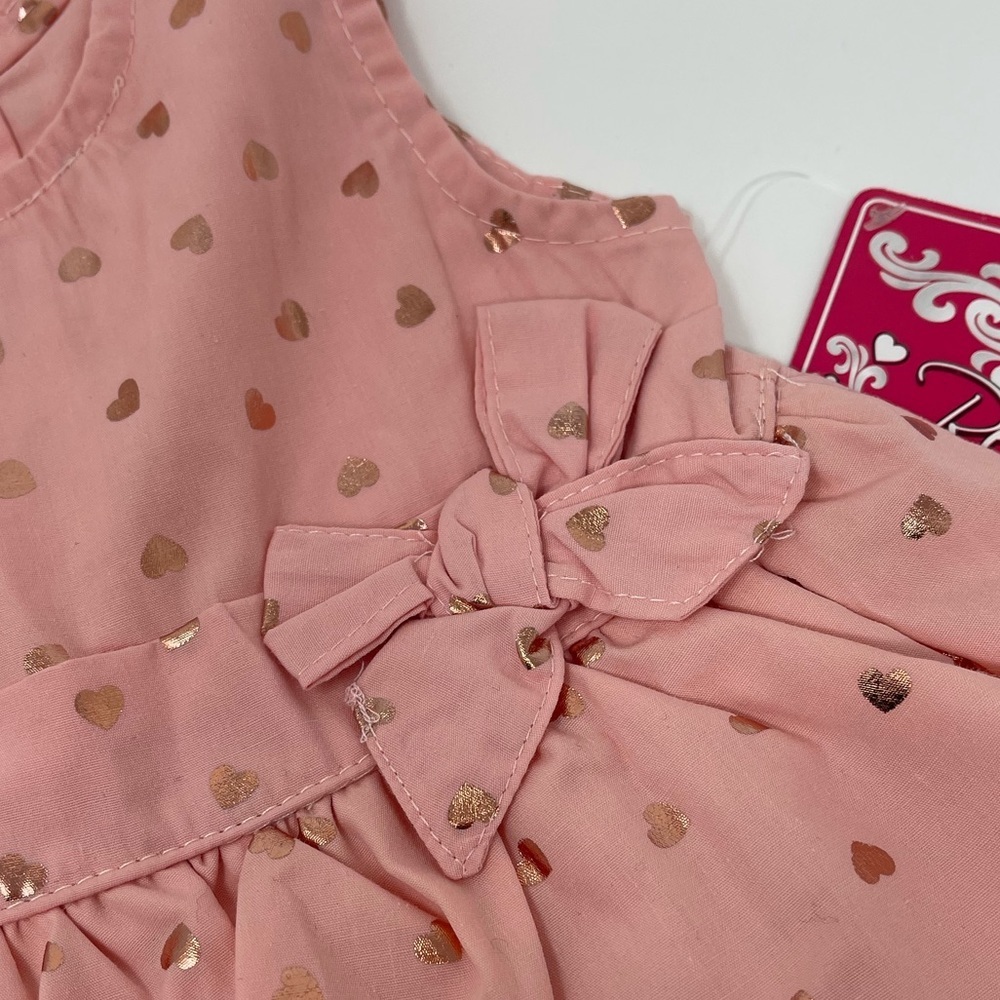 REAL LOVE PINK SHINY HEARTS DRESS & BLOOMERS RUFFLE & BOW SZ 12 MONTHS - Picture 4 of 11